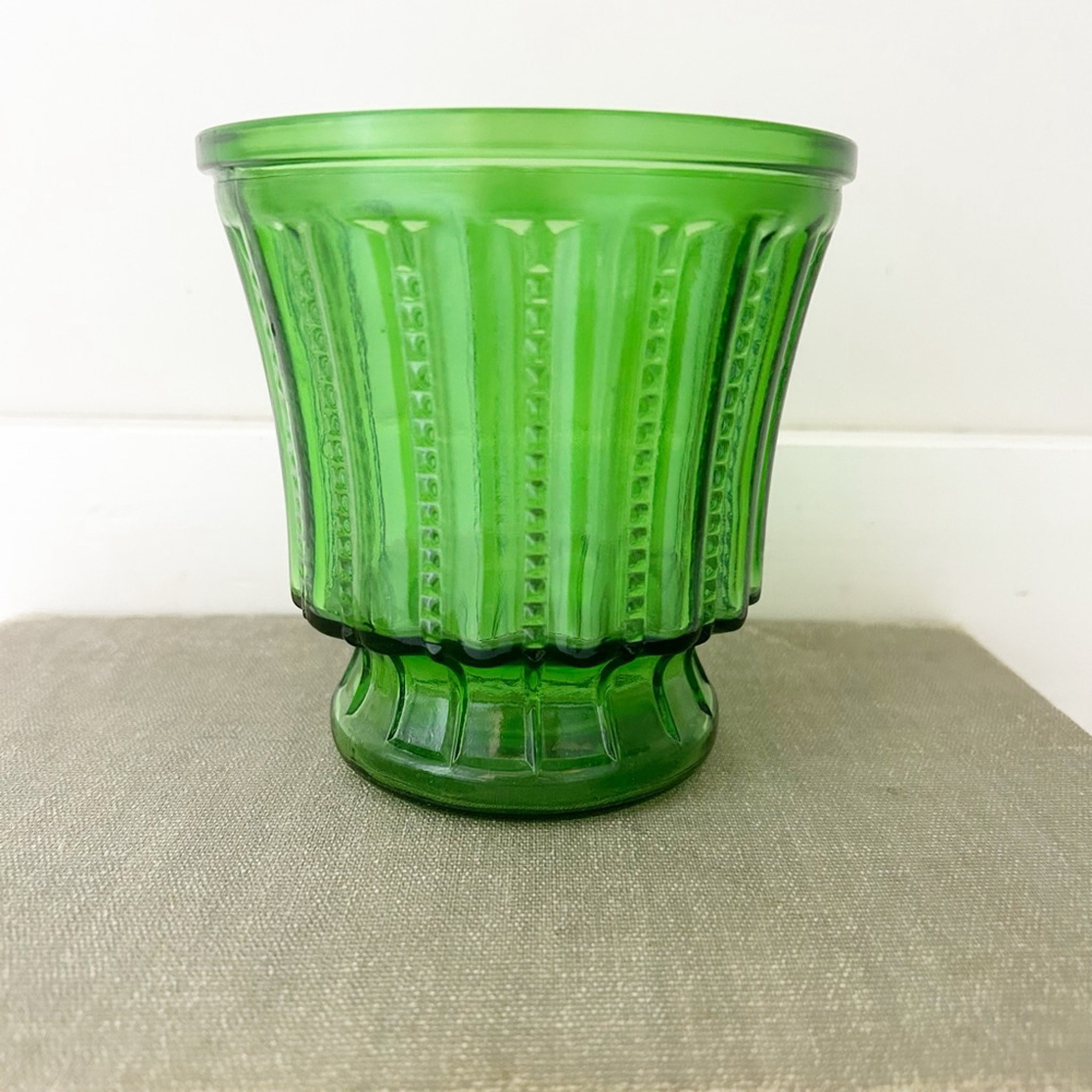 Vintage Unique Green Glass Mini Pedestal Vase or Trinket Holder Mid-Century